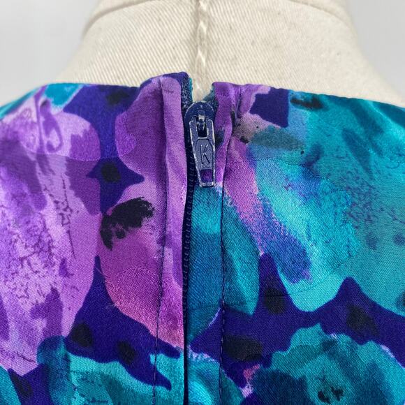 Vintage 80s Maggy London Silk Dress Ruched Sleeves Floral Printed Blue Womens 6 - Picture 7 of 10